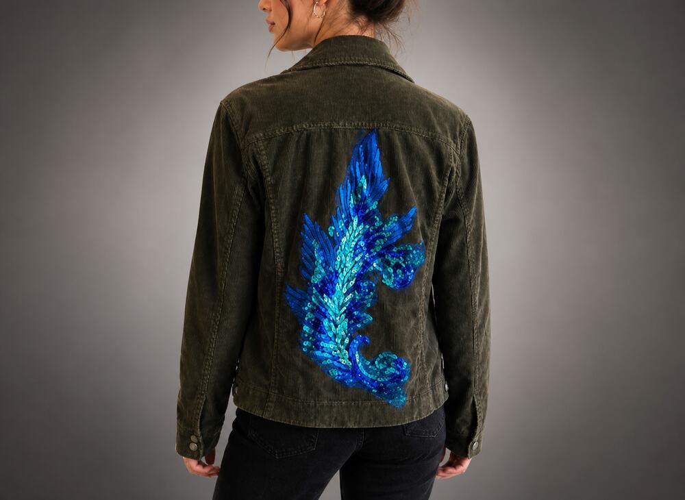 Chico’s Size 4 Olive Green Corduroy Jacket Custom Sequin Fleur De Lis Statement